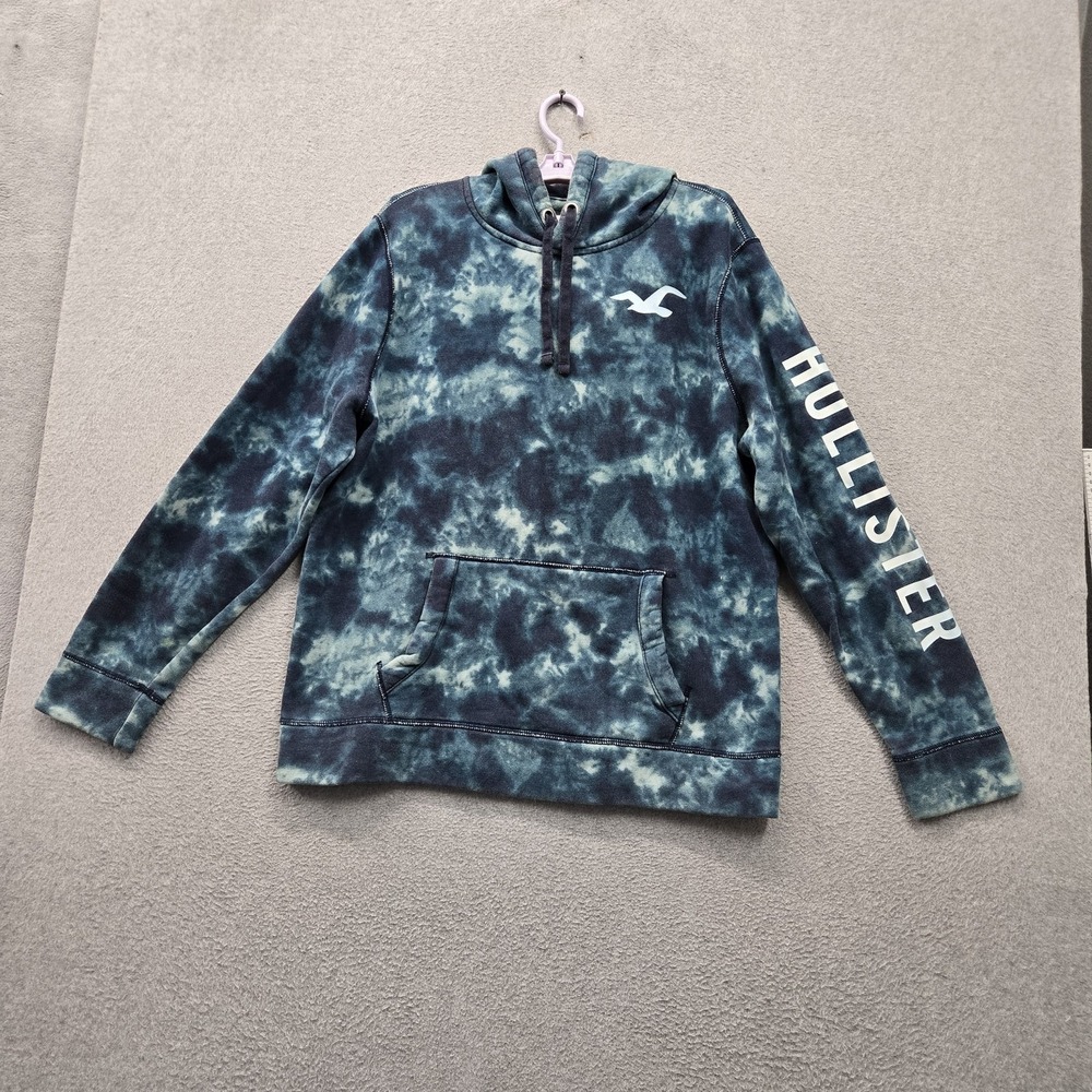 Hollister Men Hoodie XL Blue Tie Dye Iconic Feel Good Fleece Logo Pullover